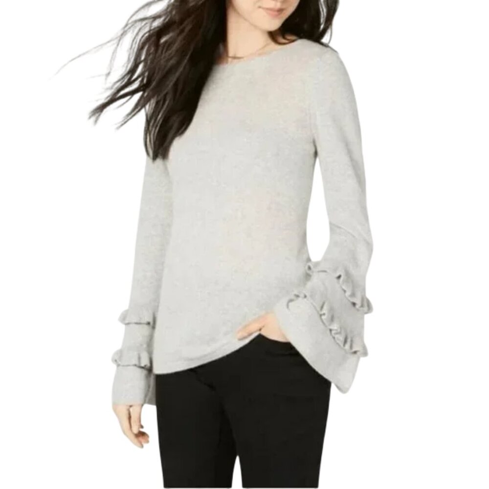 CHARTER CLUB Pure Cashmere Double-Ruffle Sweater Gray Size Medium